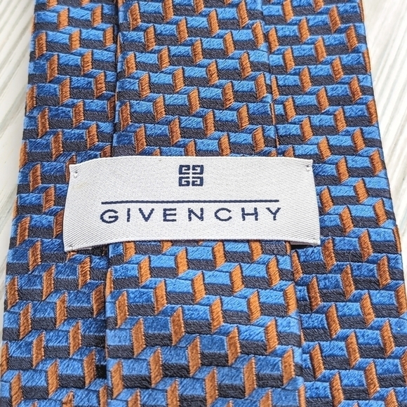 Givenchy Geometric Block Print Silk Tie in Metallic Blue and Burnt Orange - Picture 3 of 8